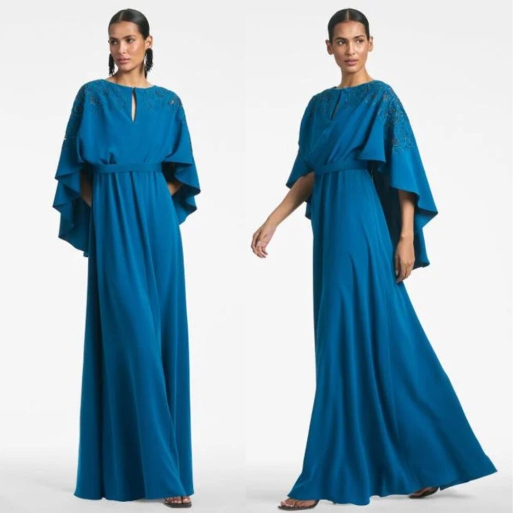 $1295 Sachin & Babi Womens Size 0 Wren Blue Moroccan Cape Gown Long‎ Maxi Dress